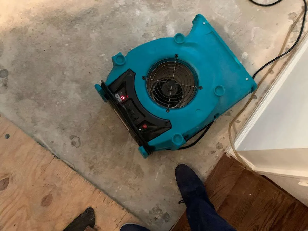Air mover drying subfloor during Commercial Water Damage Restoration in Willistown